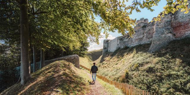 Jeune homme de dos se baladant autour des ruines du château d'Arques-la-Bataille