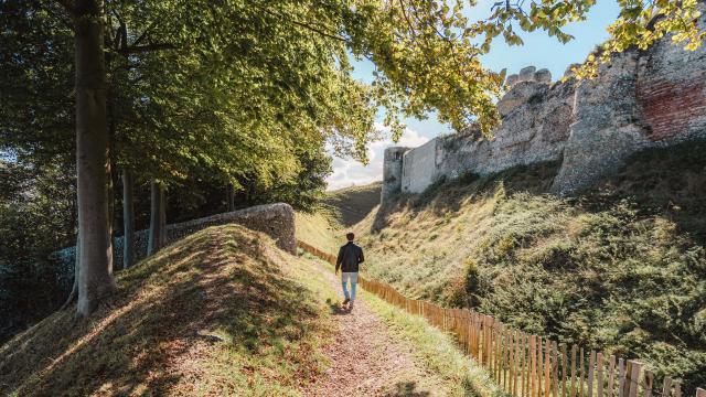 Jeune homme de dos se baladant autour des ruines du château d'Arques-la-Bataille