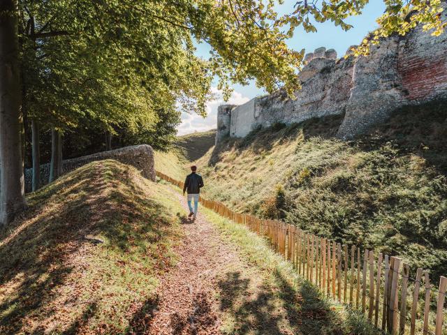 Jeune homme de dos se baladant autour des ruines du château d'Arques-la-Bataille