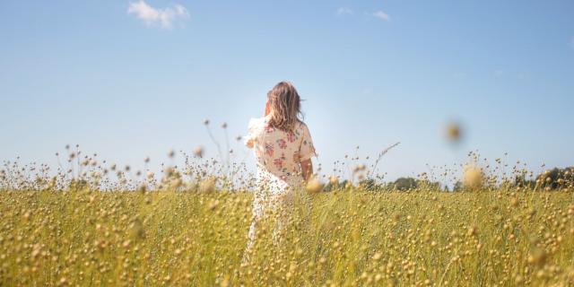 Jeune femme de dos dans un champ de lin en bourgeon