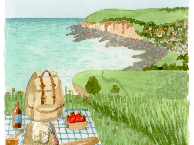 Dessin d'un pique-nique (nappe à carreaux avec produits locaux, baguette, neufchâtel, fraises...) face à la mer et aux falaises