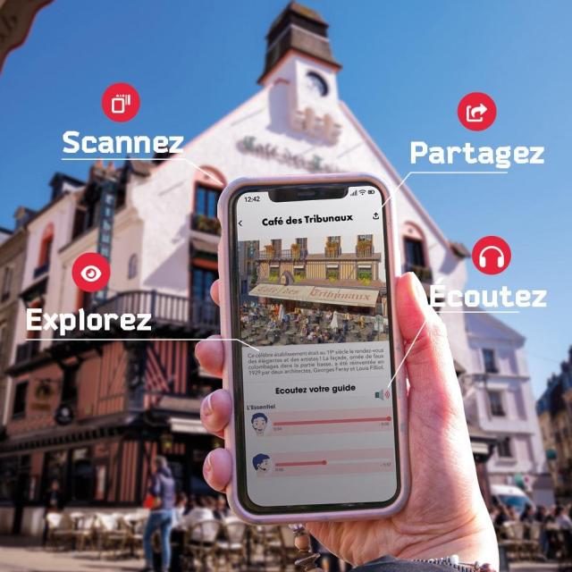 Démonstration en image du fonctionnement de l'application Whatizis (Scannez, Explorez, Partagez, Ecoutez) Gros plan d'un smartphone scannant le Café des Tribunaux