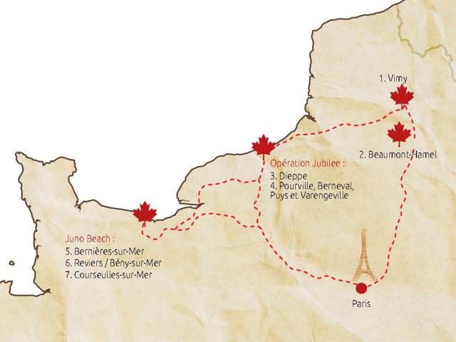 Carte du nord ouest de la France représentant un circuit entre Vimy et Beaumont-Hamel dans les Hauts-de-France, Dieppe en Seine-Maritime et Juno Beach dans le Calvados.