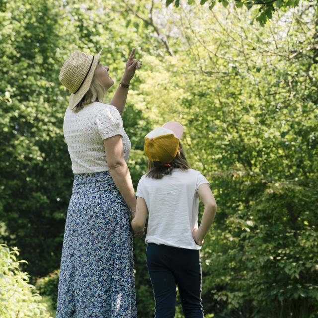 Une maman et sa famille observe la flore dans un jardin verdoyant