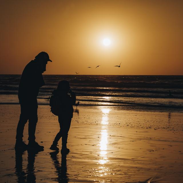 Un père et sa fille au coucher du soleil sur la plage de Dieppe, observant les oiseaux marins