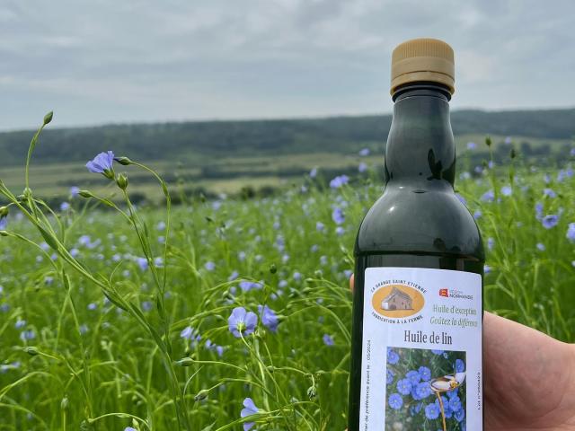 Une bouteille d'huile de lin devant un champ de lin fleuri