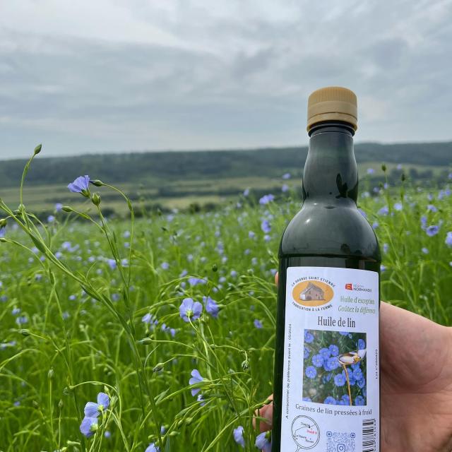 Une bouteille d'huile de lin artisannale devant un champs de lin en fleurs