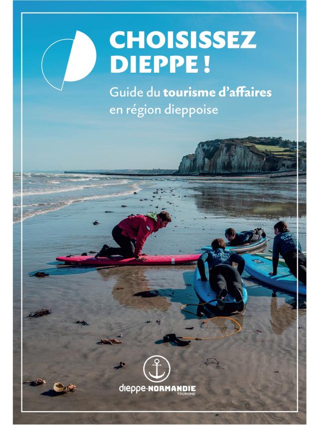 Couverture du guide Mice, guide du tourisme d'affaires à Dieppe et alentours représentant un cours de surf à Pourville