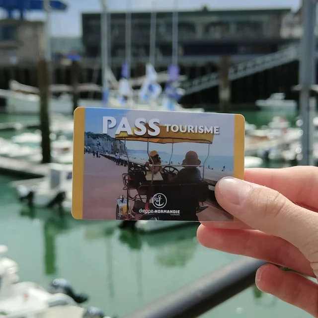 Pass Tourisme au premier plan tenu par une main visible. Tout ceci dans le port de plaisance visible dans le fond