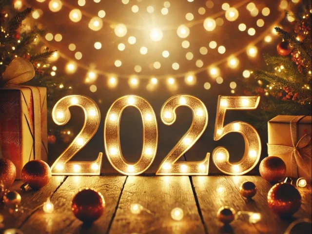 2025 avec boules de Noël et lumières